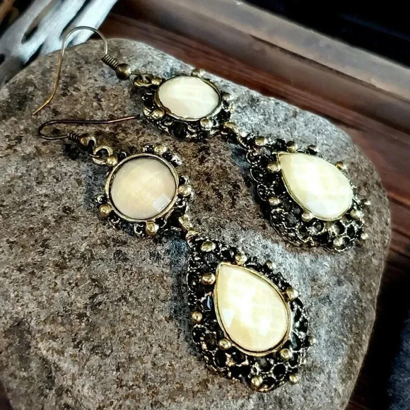 Modern Victorian Style Antique Brass Teardrop Cabochon Earrings - Picture 3 of 7